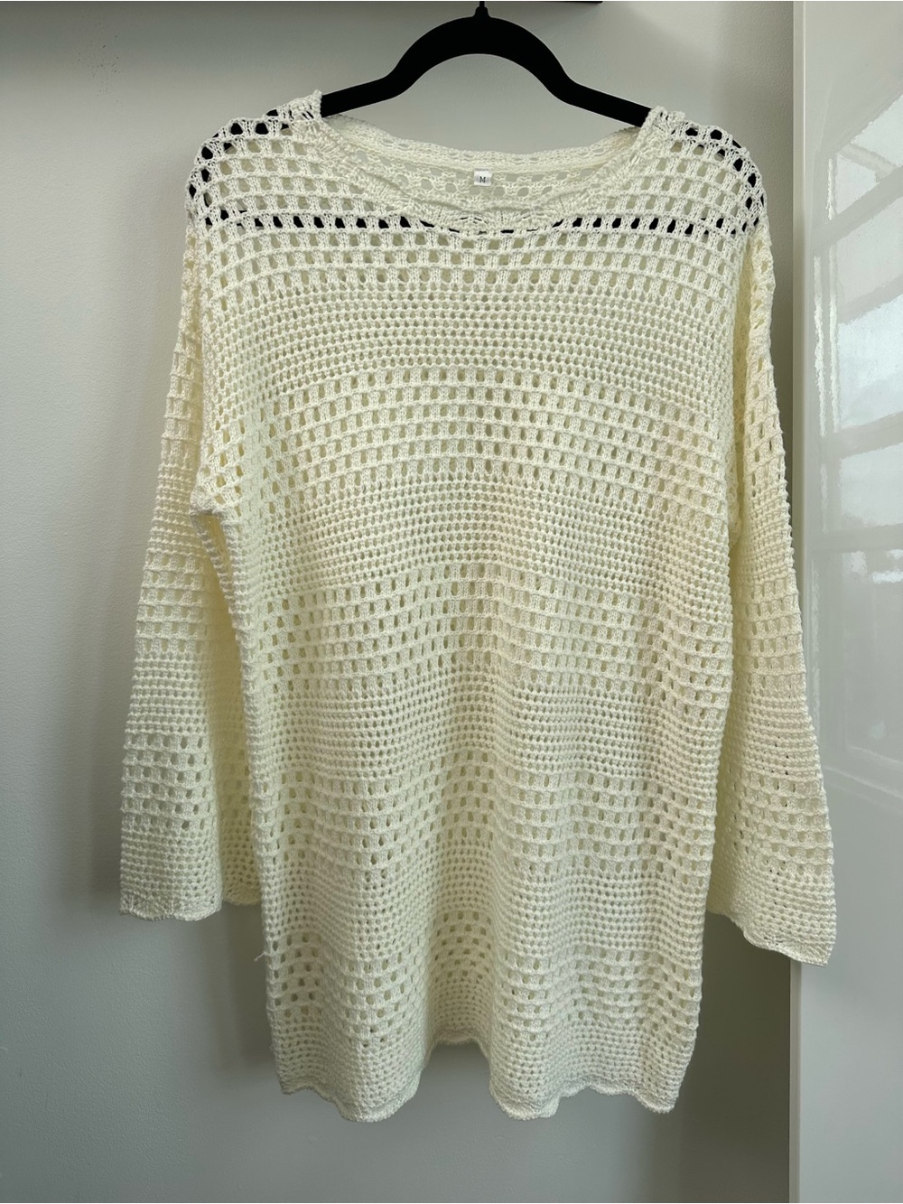 Ivory Open Knit Crochet Tunic Sweater Boho Coastal Sheer Long Sleeve Top/coverup